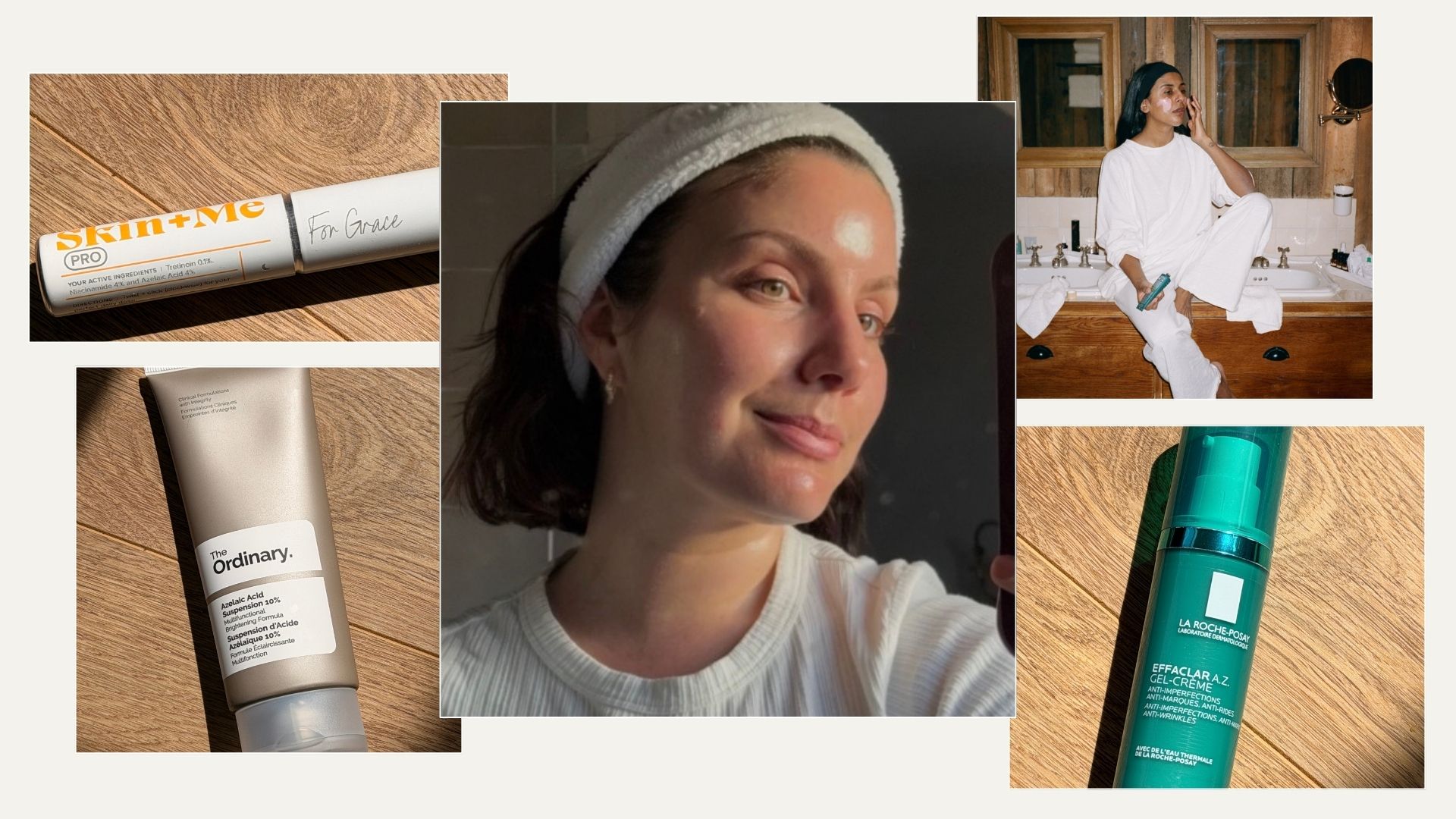 a collage with women applying skincare and some of the best azelaic acid serums