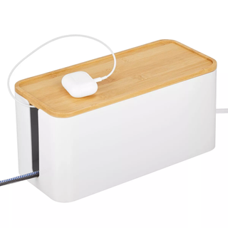 A cord organizer box with a bamboo lid