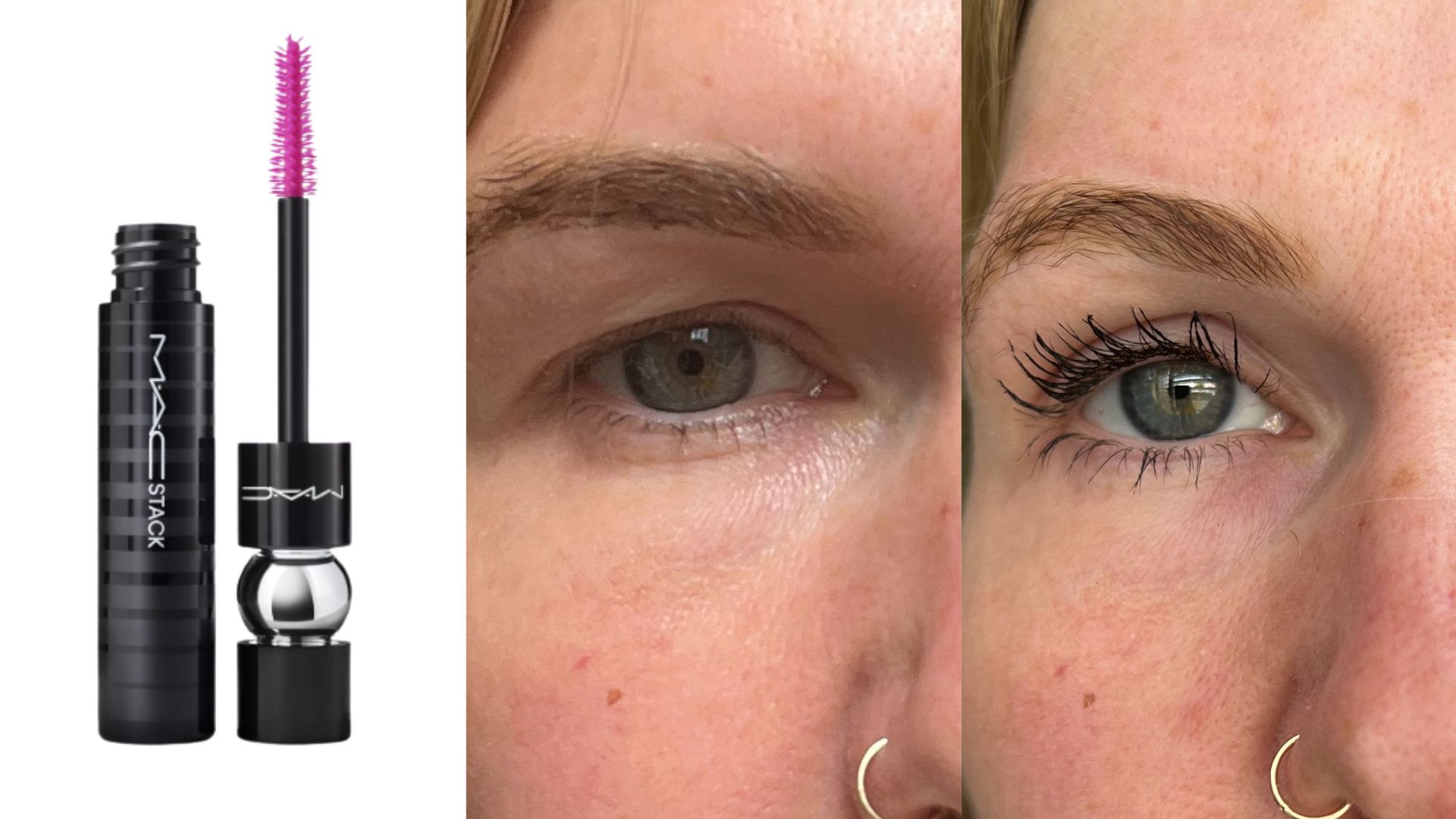 Fiona McKim&#039;s lashes, before and after MACStack mascara beside a product shot