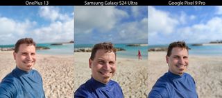 Comparing portrait mode between the OnePlus 13, Samsung Galaxy S24 Ultra, and Google Pixel 9 Pro on a sunny beach