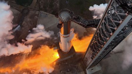 SpaceX conducts a static fire test with its Starship V3 Super Heavy booster on May 7, 2026.