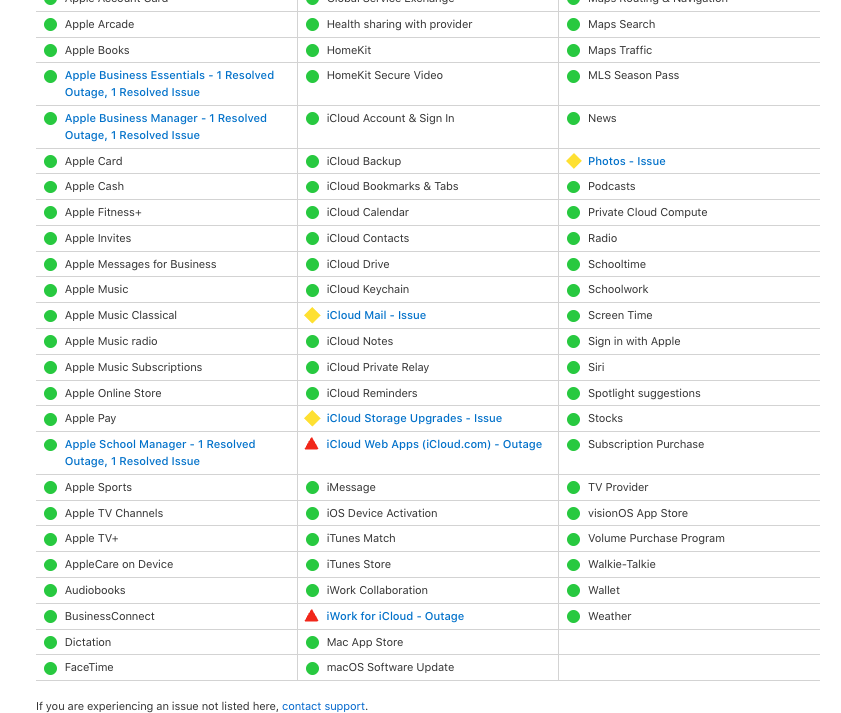Apple status page