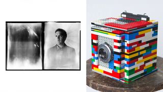 The Legotron Mark I – a large format camera made out of Lego – along with two sample photographs