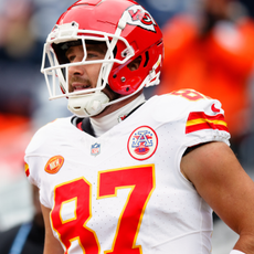 ight end Travis Kelce #87 of the Kansas City Chiefs stands on the field while warming up before a game against the Denver Broncos at Empower Field at Mile High on October 29, 2023 in Denver, Colorado