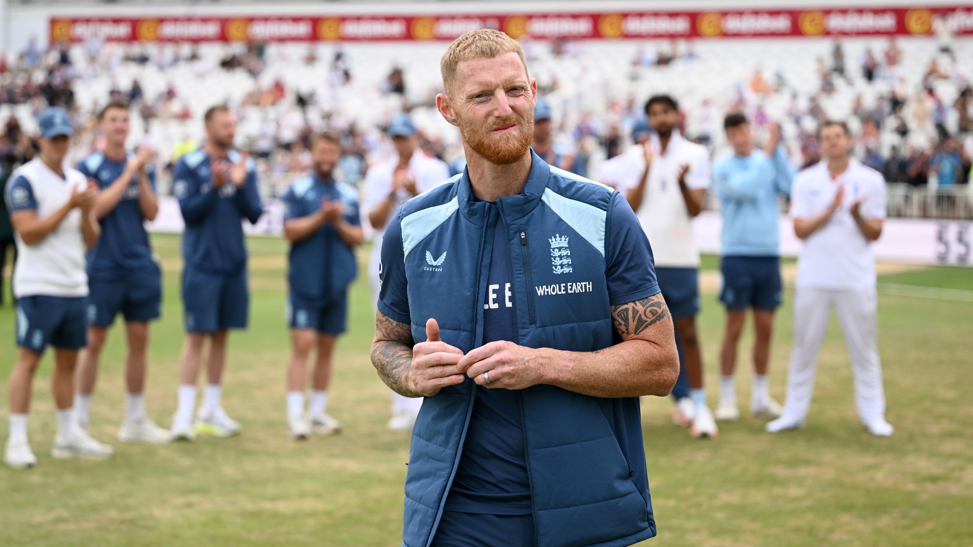 England captain Ben Stokes is applauded by teammates after the 3rd Rothesay Test Match between England and New Zealand at Trent Bridge