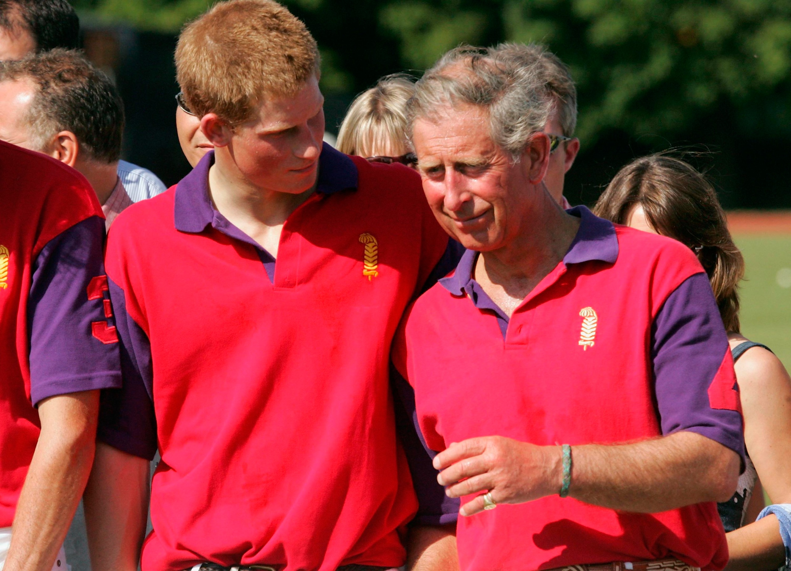 Prince Harry and King Charles wear red and purple polo shirts while interacting at a polo match
