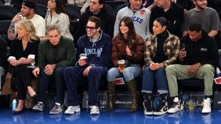 Christine Taylor, Ben Stiller, Pete Davidson, Emily Ratajkowski, Jordin Sparks and Dana Isaiah watch the action during the game between the Memphis Grizzlies and the New York Knicks at Madison Square Garden on November 27, 2022 in New York City