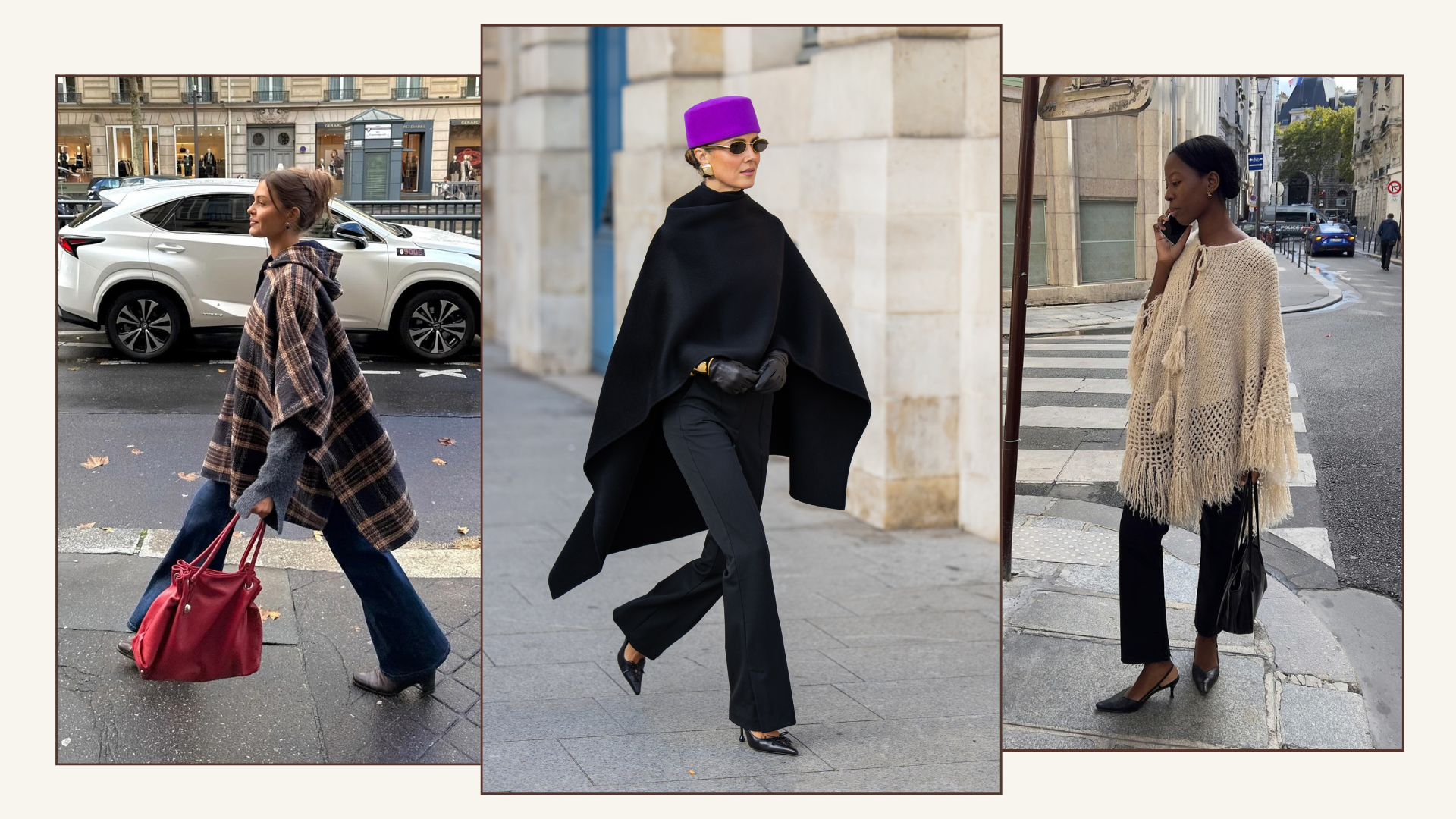 Three fashion people wear the French women poncho trend. 