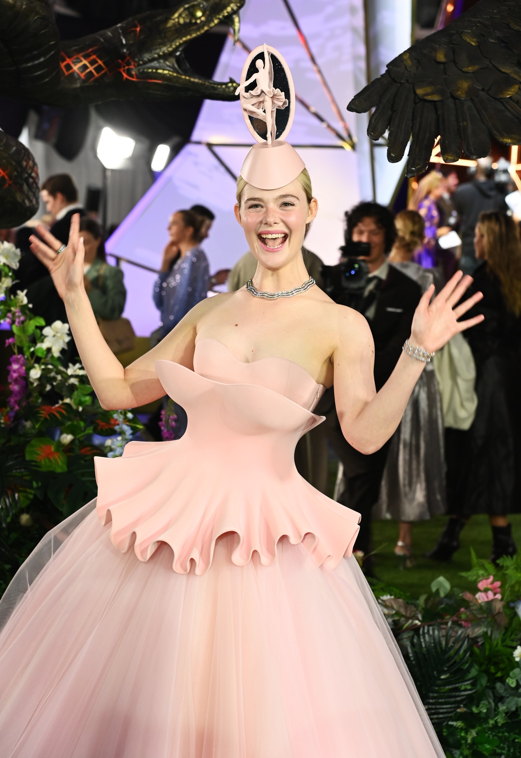 Elle Fanning wore a pink ballet-inspired tutu dress by Robert Wun at the 'Hunger Games: Sunrise on the Reaping' London premiere