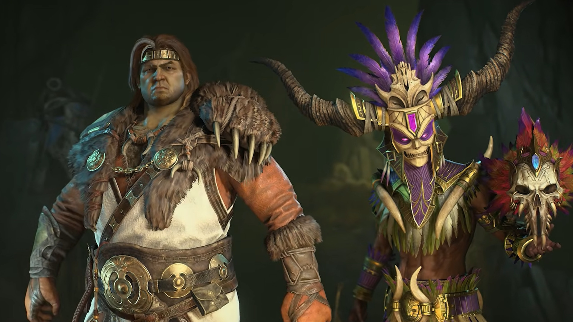 A broad-shouldered man with shoulder pads and leather armor stands aside a masked and horned person holding a skull