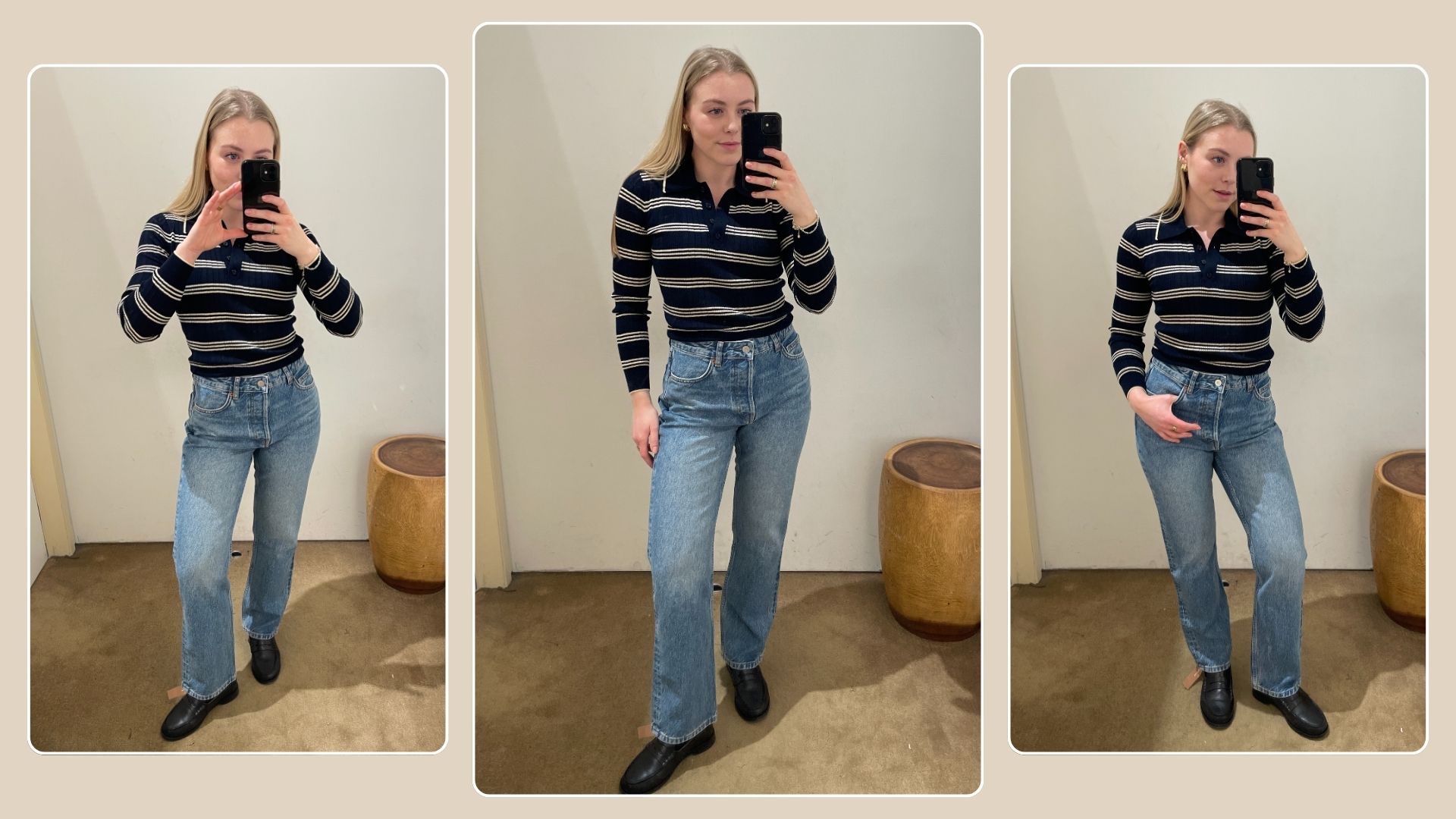 Woman wears navy striped top, blue jeans, black loafers