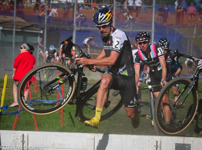 Tim Johnson (Cannondale Cyclocrossworld.com) flying over the barriers on lap one