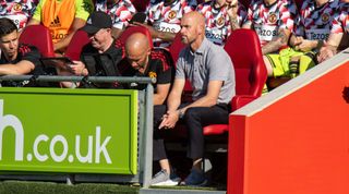 Manchester United manager Erik ten Hag during the Premier League match between Brentford FC and Manchester United at Brentford Community Stadium on August 13, 2022 in Brentford, United Kingdom