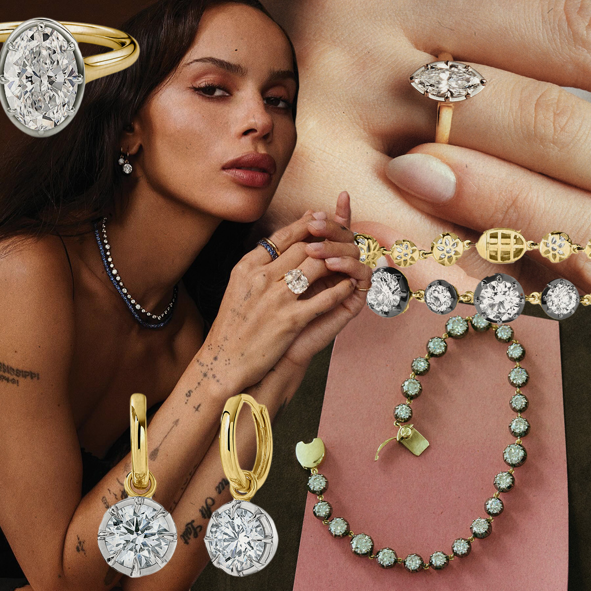 Collage of different georgian-set diamond jewelry.