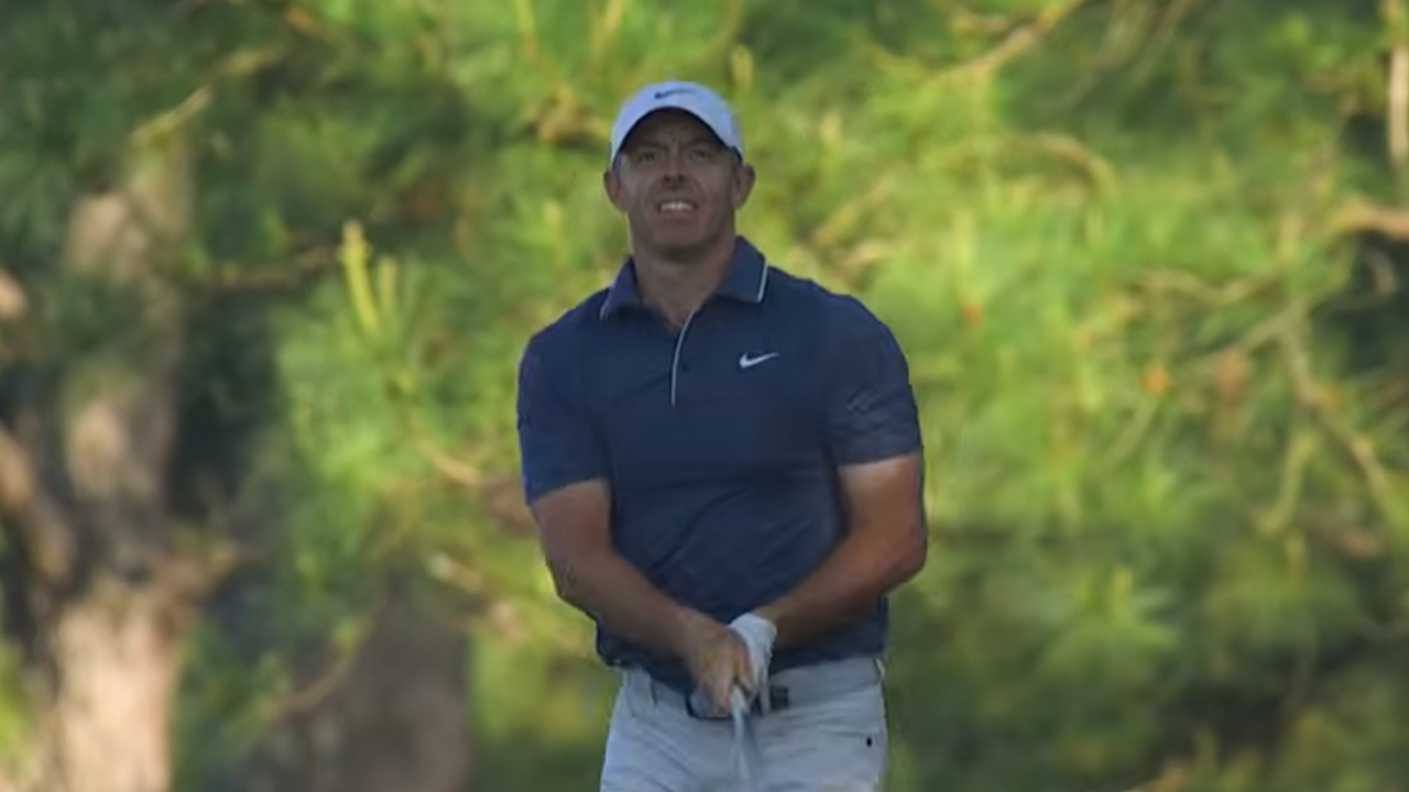 Rory McIlroy watching at a shot he's just taken at the 2025 Masters