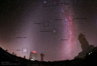 The zodiacal light can be seen as a cone-shaped glow above the planet Venus on the left-hand side of this image. To the right in the image is the concentrated glow of the Milky Way galaxay.