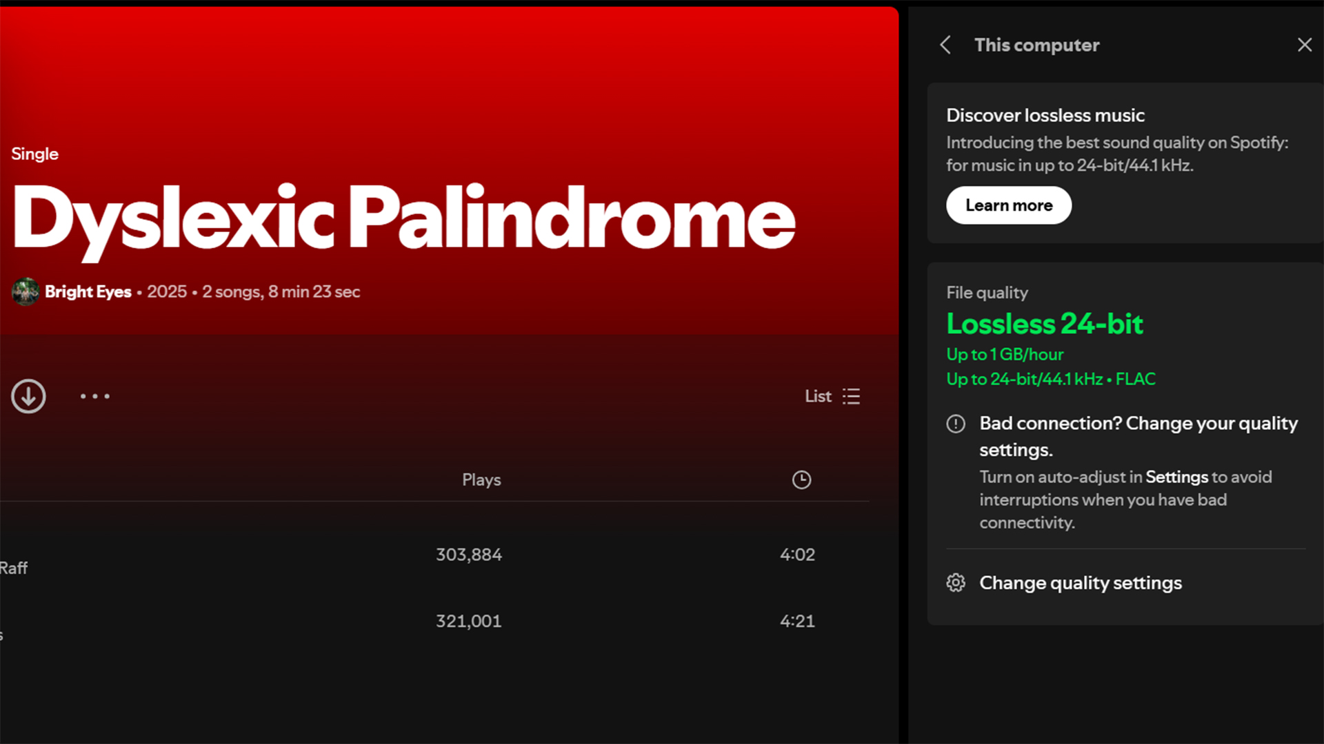 Spotify music streaming service showing Dyslexic Palindrome by Bright Eyes