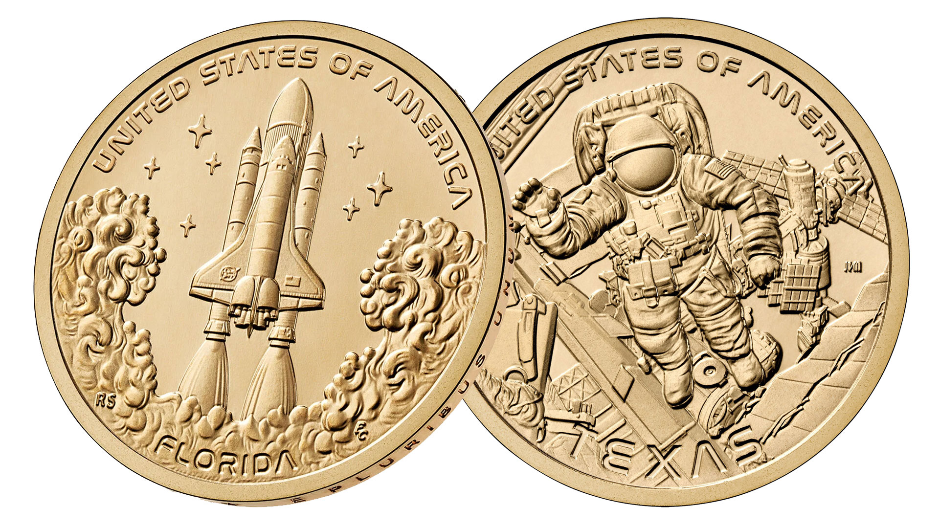 two golden dollar coins with one showing a launching space shuttle and the other an astronaut outside a space station