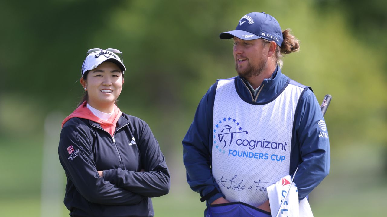 Rose Zhang and her caddie Olly Brett share a smile at the 2024 Cognizant Founders Cuo