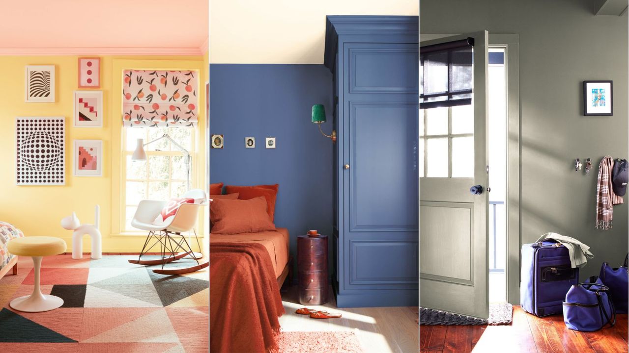 yellow and pink bedroom, blue bedroom with red bedding, gray entryway