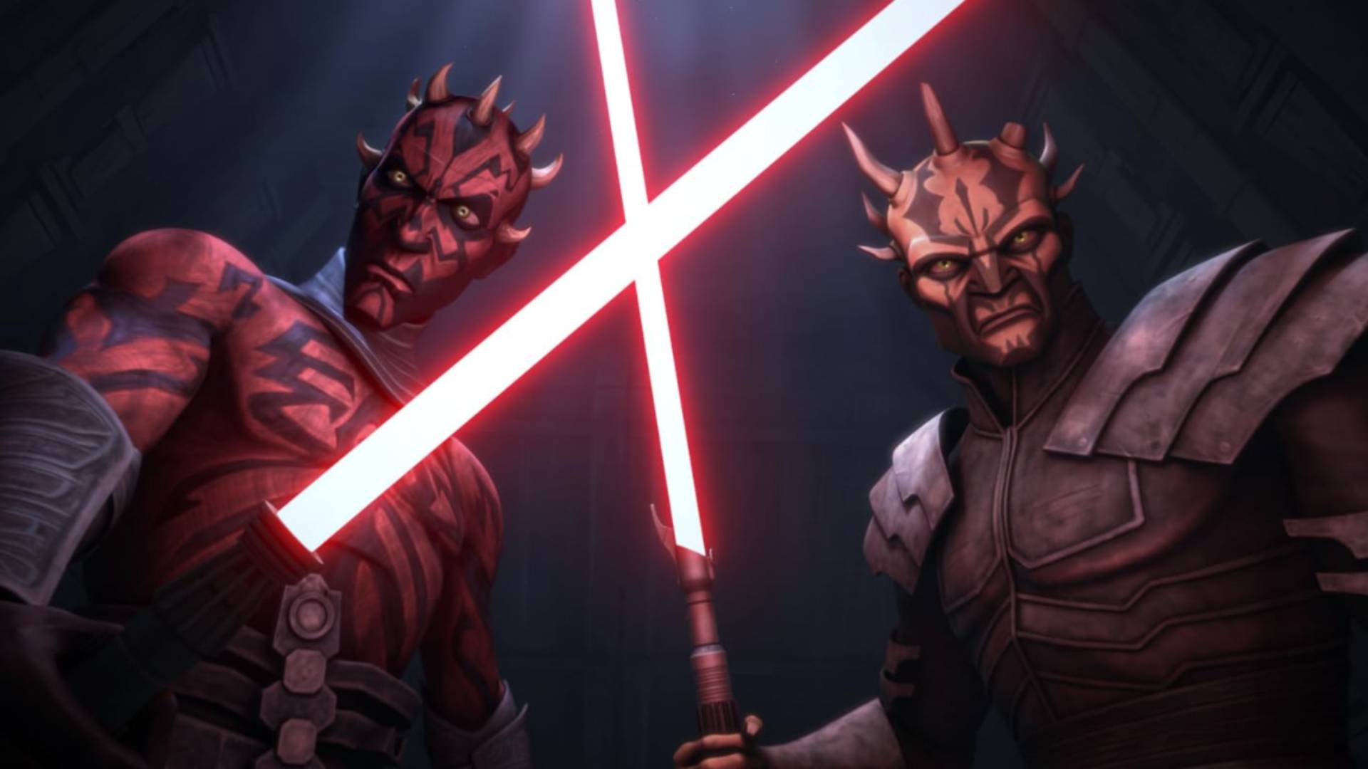 Darth Maul and Savage Oppress wielding red lightsabers in Star Wars: The Clone Wars