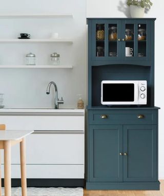 Dark blue pantry with microwave