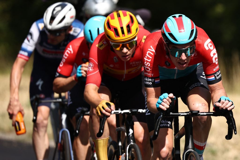 Lotto Dstnys Dutch rider Pascal Eenkhoorn R UnoX Pro Cycling Teams Norwegian rider Jonas Abrahamsen C Lotto Dstnys Belgian rider Victor Campenaerts 2nd L and Soudal QuickSteps Danish rider Kasper Asgreen L cycles in a breakaway during the 18th stage of the 110th edition of the Tour de France cycling race 184 km between Moutiers and BourgenBresse in the French Alps on July 20 2023 Photo by AnneChristine POUJOULAT AFP Photo by ANNECHRISTINE POUJOULATAFP via Getty Images