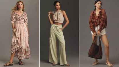 split image of Anthropologie The Somerset Maxi Dress: Puff-Sleeve Edition, Pilcro Linen Beach Cargo Pants, By Anthropologie Ruffled V-Neck Popover Blouse