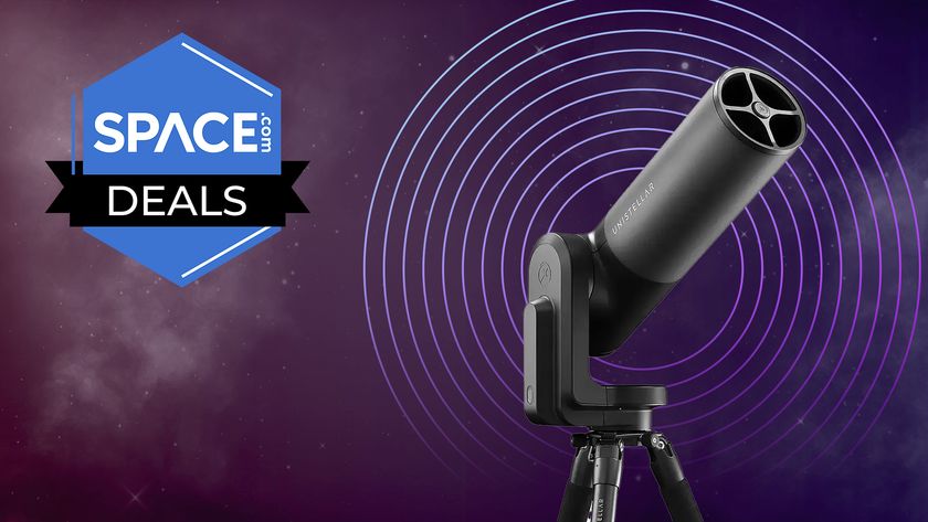The Unistellar eQuinox 2 Smart Telescope wirh Space.com background and deals logo