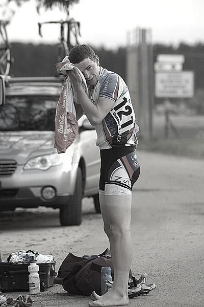 Joel Stearnes (Lawson Homes) from Tasmania wipes away a hard day at the office from stage two of the Lakes Oil Tour of Gippsland.