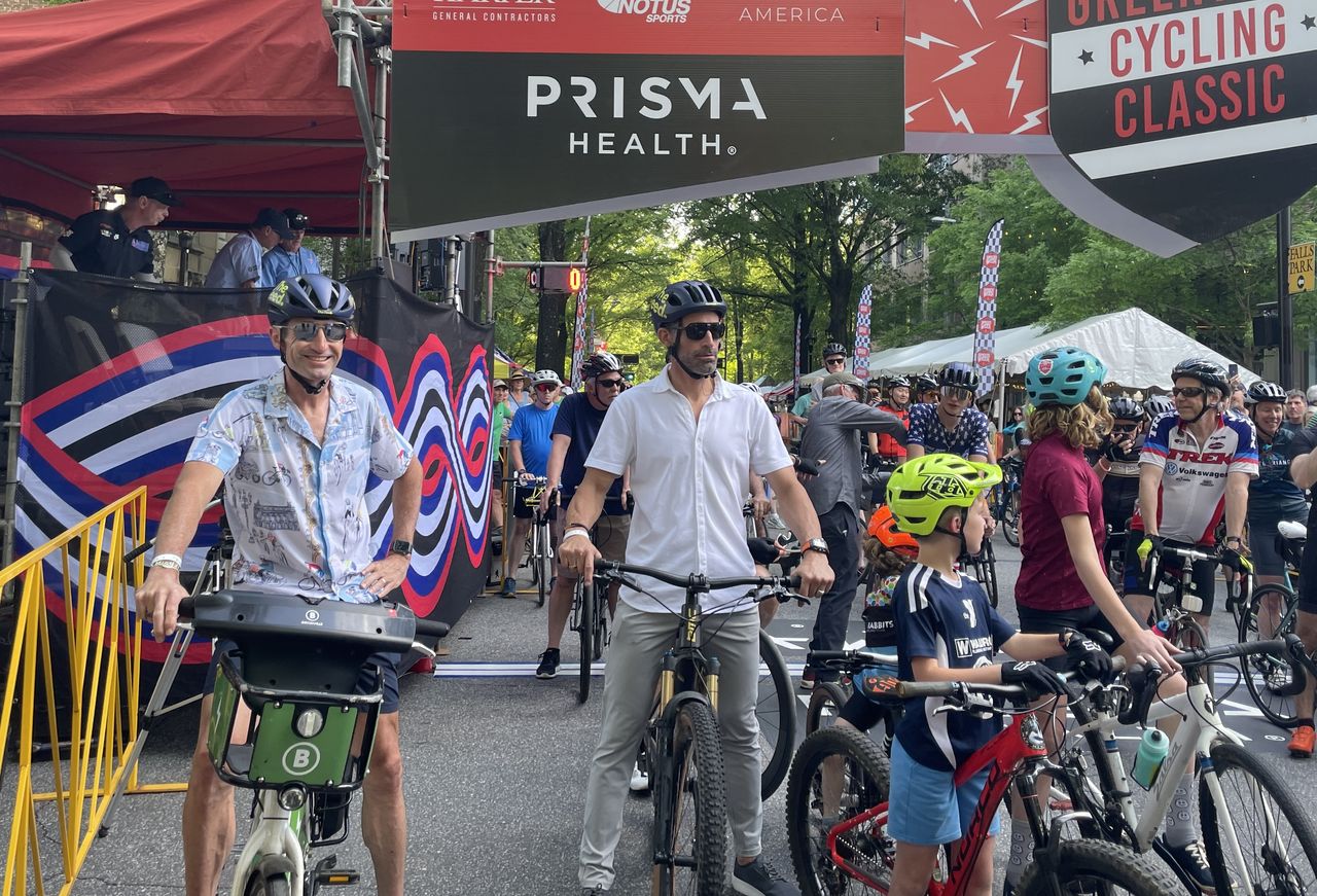 Bobby Julich (left) and George Hincapie line up for the Tour de France Legends ride in Greenville