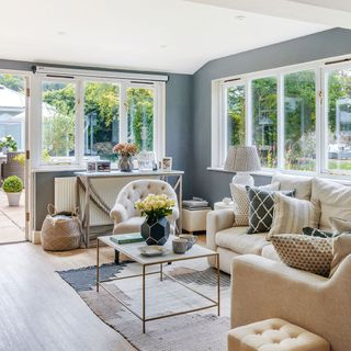 living room with grey coloured wall and sofa set