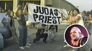 Judas Priest holding a Judas Priest banner at the Capital Center in 1986
