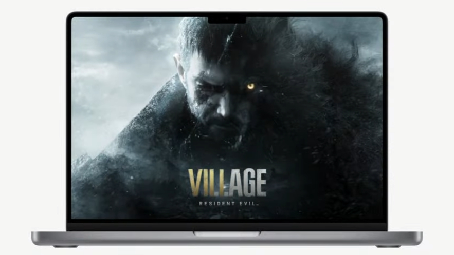 Skjermbilde fra WWDC 2022 som viser «Resident Evil Village» kjørende på en MacBook