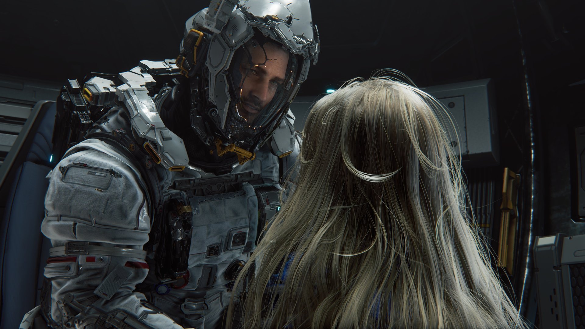 Pragmata screenshot of Hugh with his helmet visor lifted off his face as he kneels down to talk to Diana