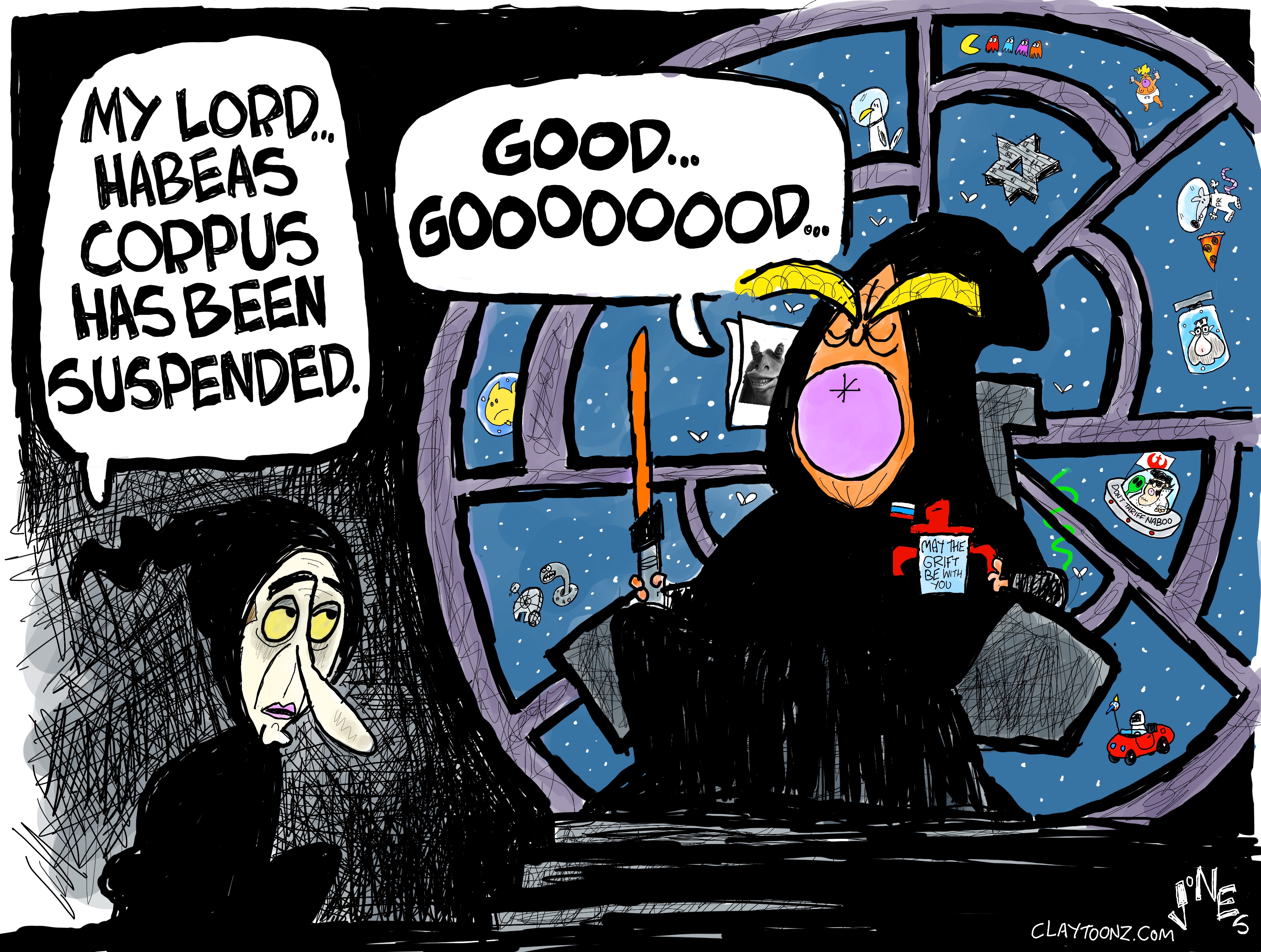 This cartoon takes place onboard the Emperor's ship in the Star Wars universe. Donald Trump, dressed in a black robe and seated in a chair reminiscent of the Emperor from Star Wars, holds a glowing orange lightsaber. Stephen Miller, dressed in a dark robe, says, "MY LORD... HABEAS CORPUS HAS BEEN SUSPENDED." Trump replies, "GOOD... GOOOOOOOOD..."