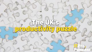 The words ‘The UK’s productivity puzzle’ with the words ‘productivity puzzle’ in yellow and the rest in white. They are set against a photo of a mess of puzzle pieces, all of which are white except for three blue pieces. The ITPro podcast logo is in the bottom right corner.