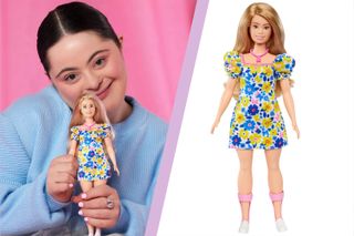 a split template showing Ellie Goldstein with the Barbie doll with Down's syndrome