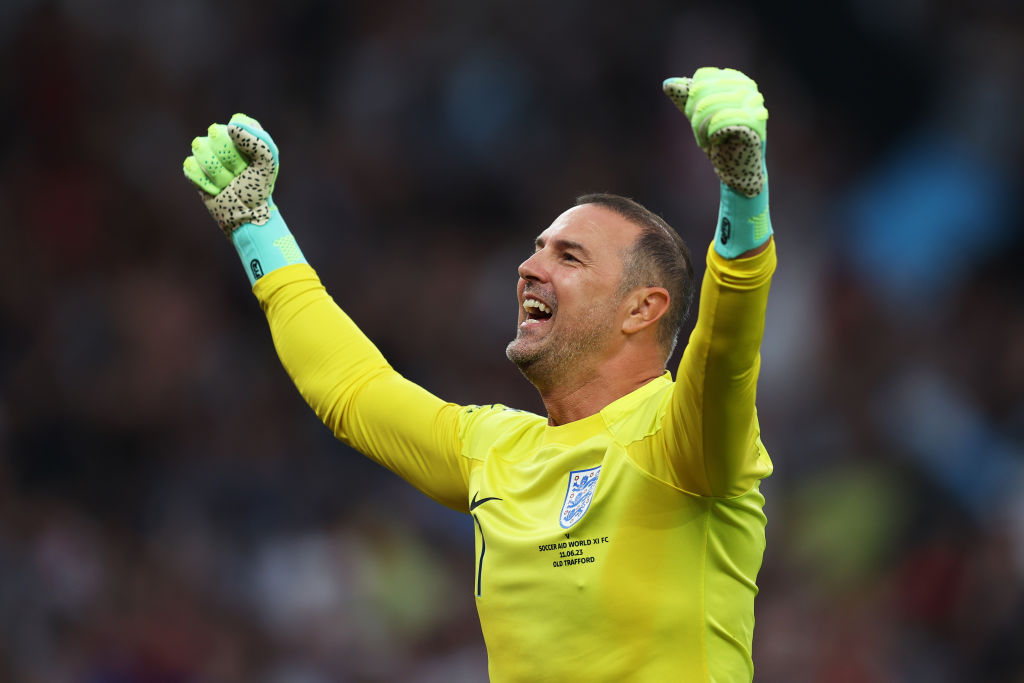 MANCHESTER, ENGLAND - JUNE 11: Paddy McGuiness of England celebrates after teammate Paul Scholes (not pictured) scores the teams third goal during Soccer Aid for Unicef 2023 at Old Trafford on June 11, 2023 in Manchester, England. (Photo by Matt McNulty/Getty Images)