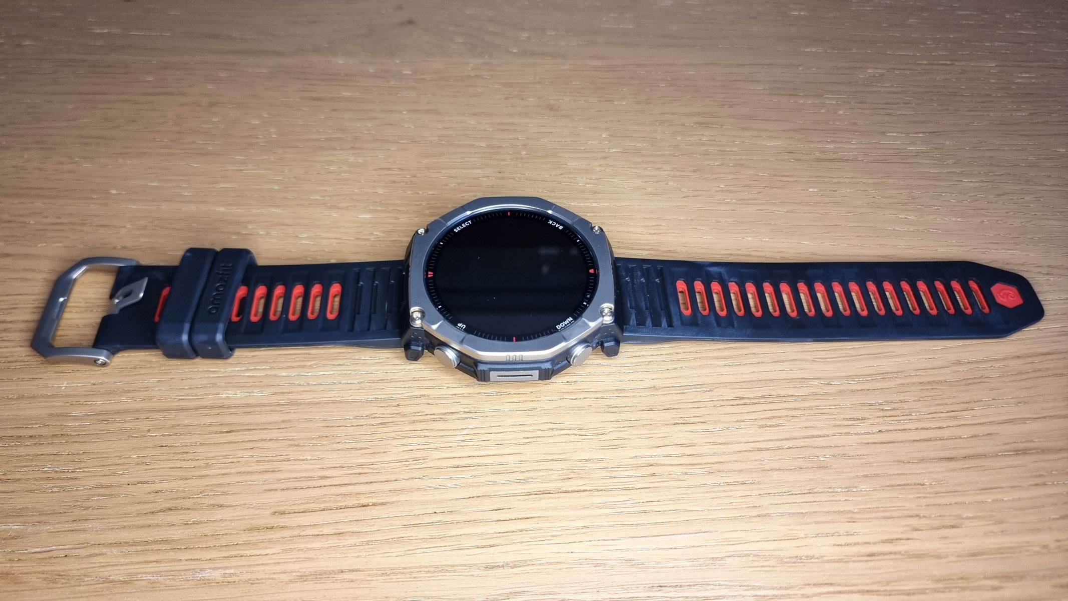 a picture of the Amazfit T-Rex Ultra 2 smartwatch laid flat on a table