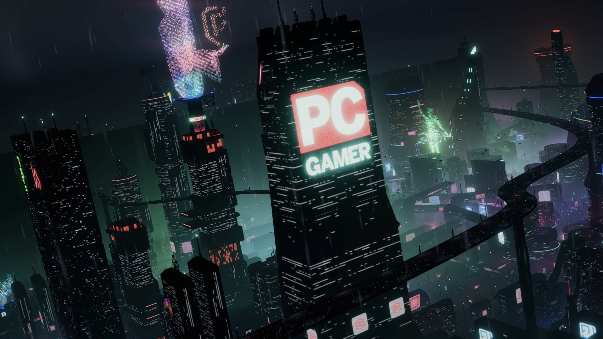 A cyberpunk city with the PC Gamer logo