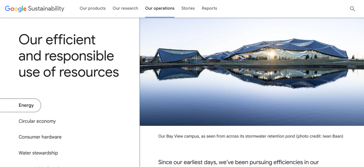 Google's Sustainability page, before and after.