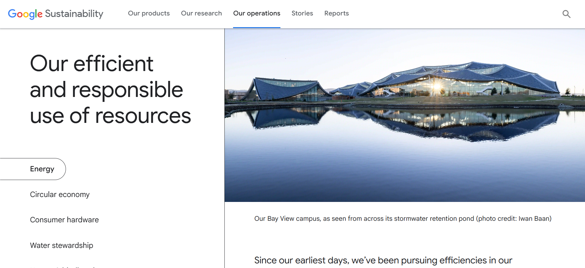 Google's Sustainability page, before and after.