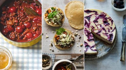 composite image showing a chilli in a yellow pan on the left, tostadas in the middle and a cheesecake on the right