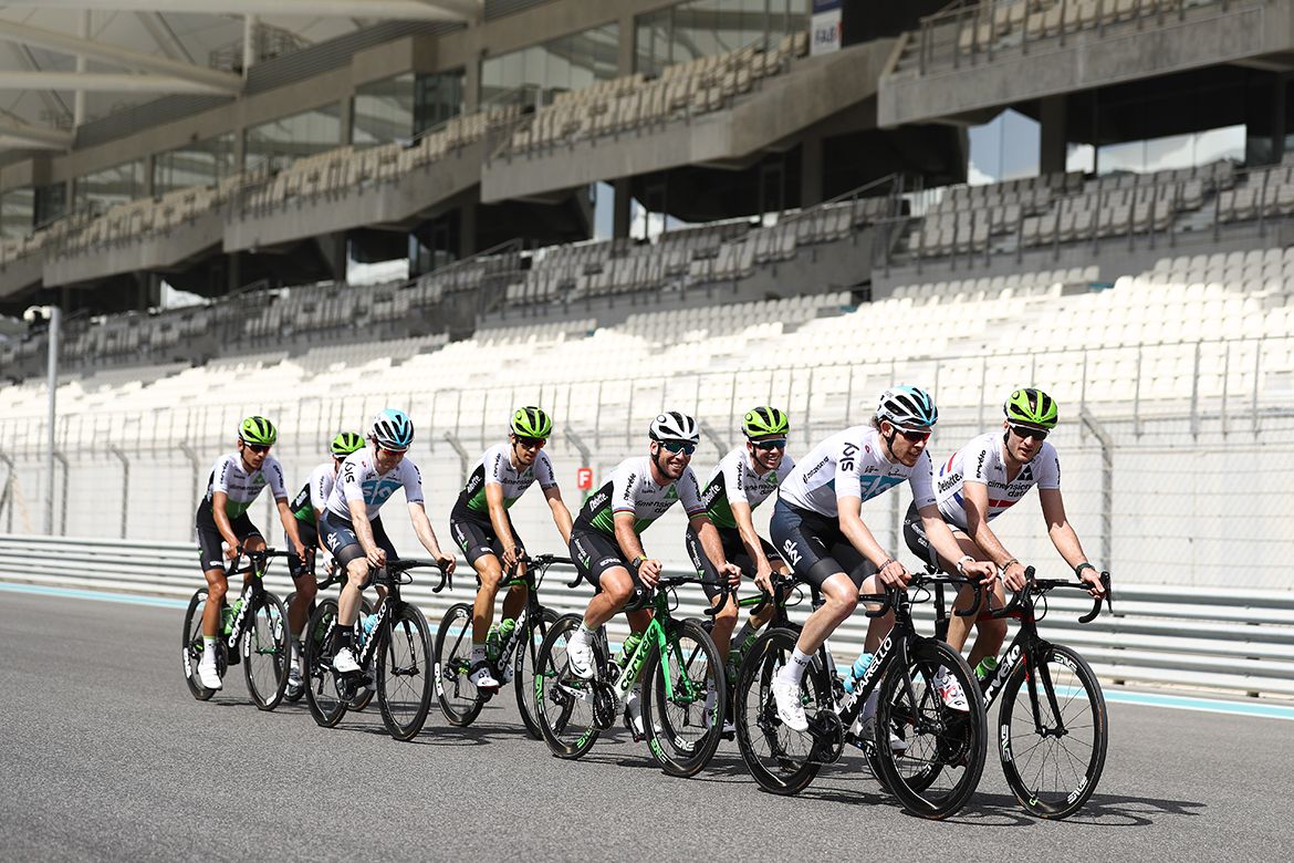 Team Sky and Dimension Data rode together