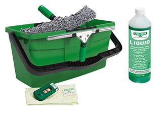 Unger Ak015 Window Cleaning Kit Pro Set - Power Washer Sleeve, Ergotec Squeegee, Bucket 18l, Liquid Glass Cleaner 1l, Safety Glass Scraper, Microfibre Cloth - Professional Window Cleaner, Green