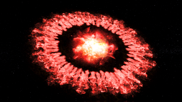 An artist's animation of cosmic dust re-forming or growing rapidly in the wake of powerful blast waves from supernova 1987A. 
