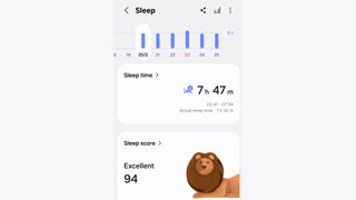 A screenshot of the Galaxy Smart Ring sleep tracking sleep score breakdown, showing a scroe of 94 and a sleep time of 7 hours and 47 minutes