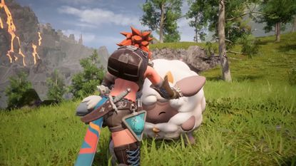 Palworld 1.0 launch trailer screenshot shows a Pal tamer petting a smiling Lamball.