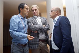 Stefano Feltrin, Oleg Tinkov, and Bjarne Riis at the presentation of the 2015 Giro d'Italia (Watson)